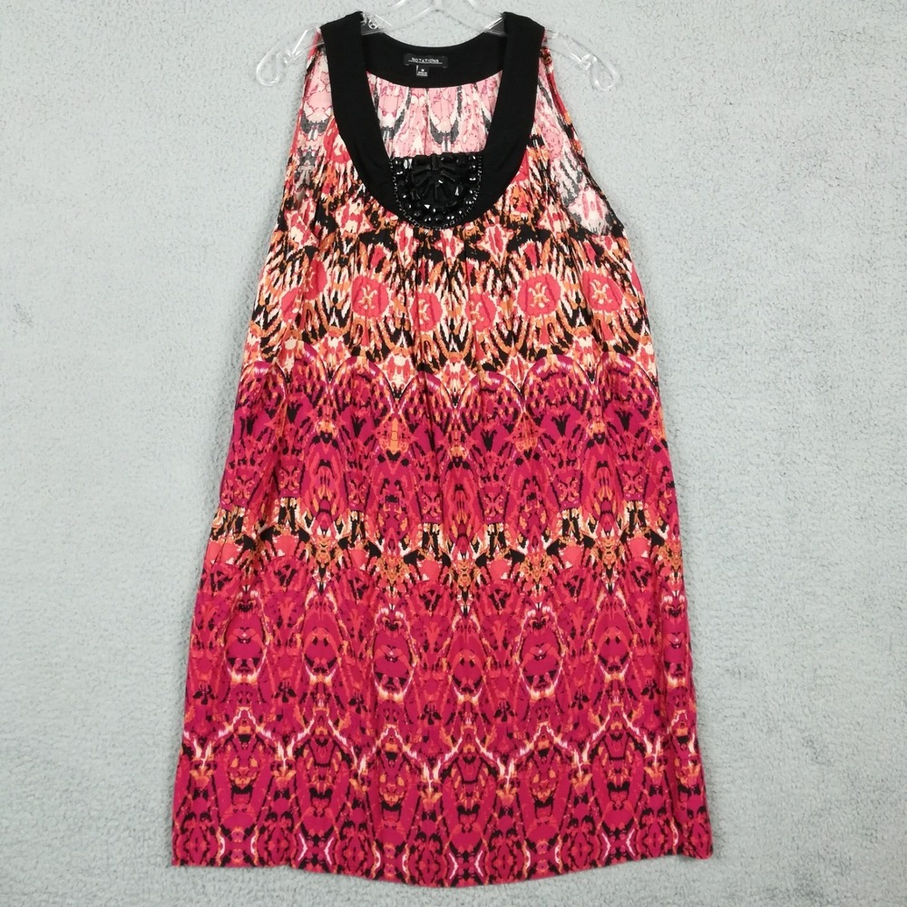 Notations Womens Dress Slip Sleeveless Loose Red Black Abstract Below Knee M